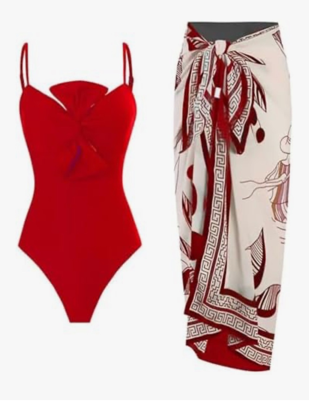 Red One-Piece Swimsuit with Printed Cream & Red Sarong